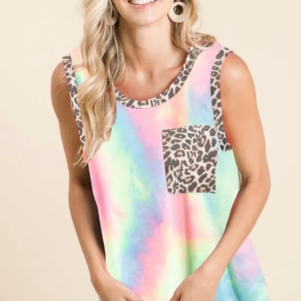 BiBi Sleeveless Tie Dye Top With Leopard Band - Picture 2 of 4